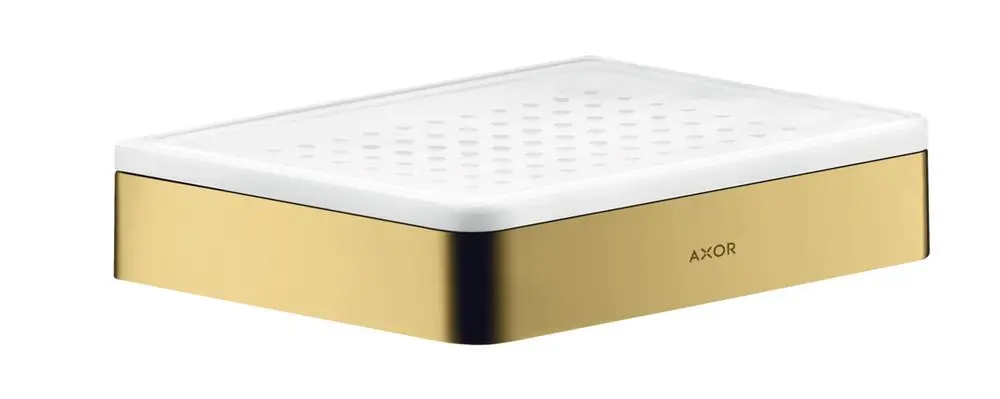 Seifenschale in rechteckiger Form mit weiße Oberseite und goldfarbenem Rand. Markiert mit „AXOR“ auf der Seite. Geeignet für Bad- oder Küchenanwendungen.